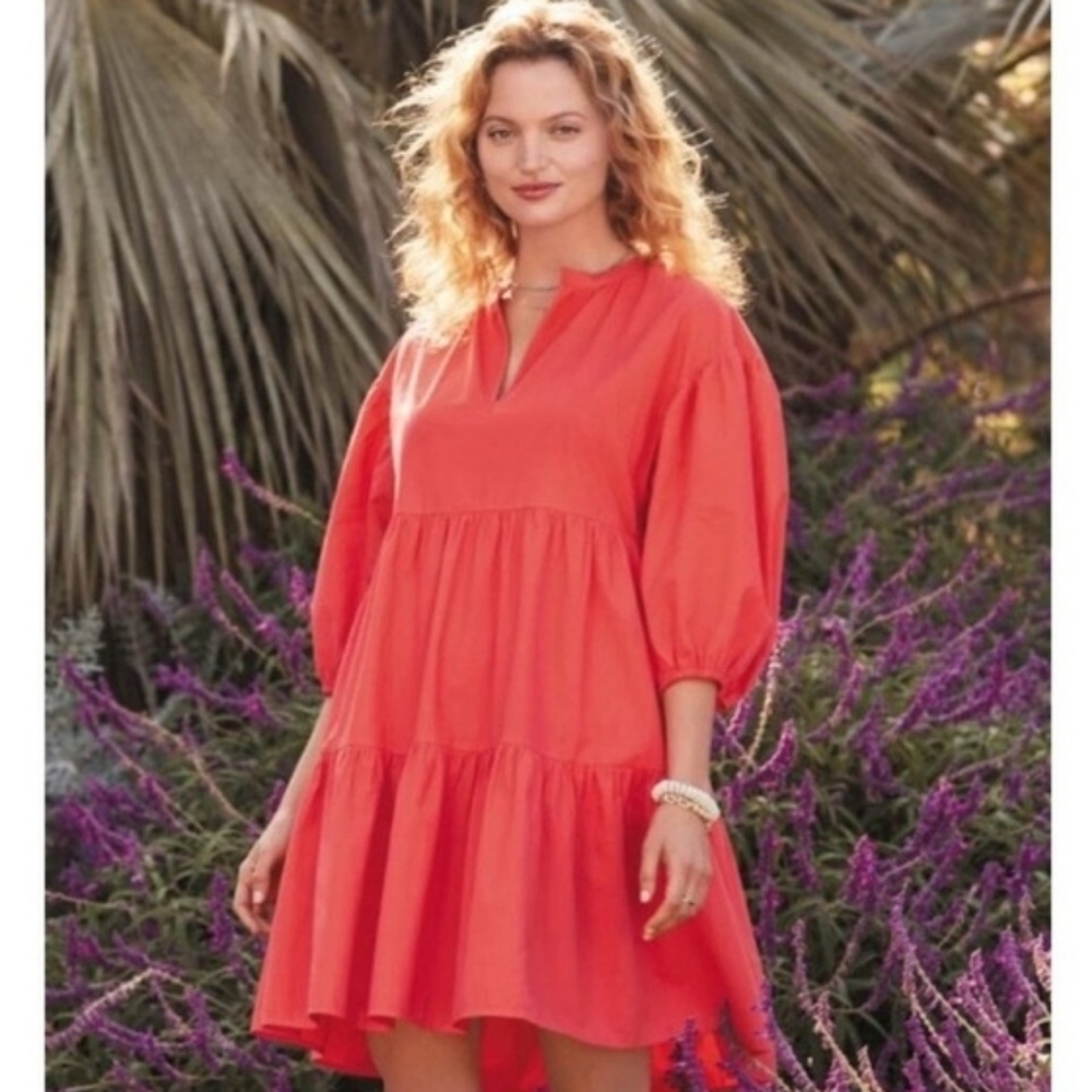 🆕️Sundry For Evereve Anywhere Cherry Midi Tiered Dress Seam Pockets SZ 0 XS